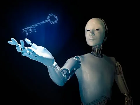 Robot holding a binary code key Illustrazione stock
