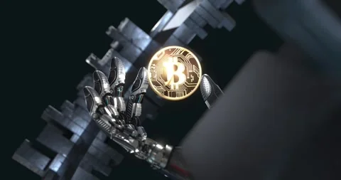 Robot holding bitcoin, artificial intelligence in blockchain, seamless loop Video stock 274192985