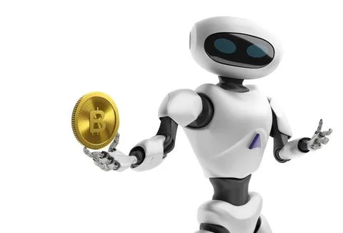 Robot holding Bitcoin. Isolate on white. Crypto Currency. Stock Photos