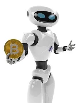 Robot holding Bitcoin. Isolate on white. Crypto Currency. Foto stock
