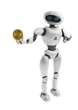 Robot holding Bitcoin. Isolate on white. Crypto Currency. Stock-Fotos