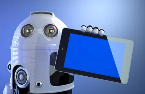 Robot holding blank digital tablet computer 스톡 일러스트