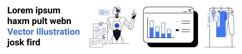 Robot holding a clipboard with graphs, a computer window displaying bar chart Stock Illustration