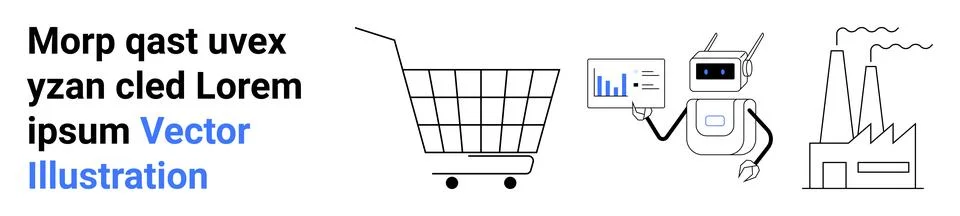 Robot holding a data analytics chart, shopping cart, factory buildings emitti Ilustración de archivo