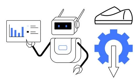 Robot holding a data chart, blue gear, and shoe icons representing technology Stock Illustration