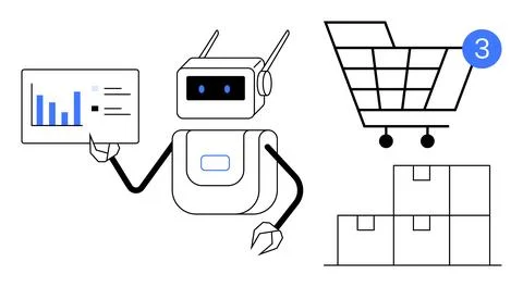 Robot holding a data chart, shopping cart with notification, and stacked boxe Stock Illustration