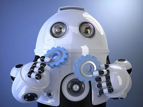 Robot holding gears in hands. Technology concept. Contains clipping path Stock Illustration