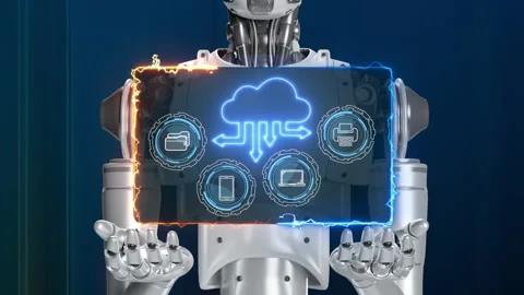 Robot holding HUD UI display screen with hologram of cloud computing Stock Footage 235739355