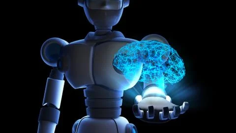 Robot holding human brain in virtual display isolated on binary data number b Stock Illustration