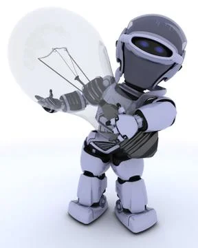 Robot holding a light bulb Illustrazione stock