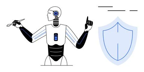 Robot Holding Paintbrush Pointing Next to Shield Representing Technology an.. Stock Illustration