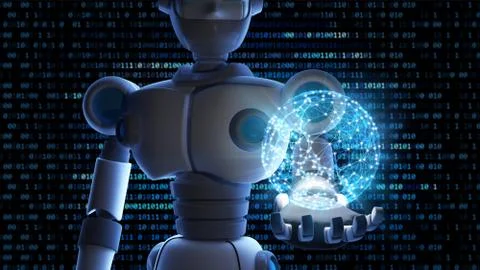 Robot holding the planet earth in virtual display isolated on binary data num Illustrazione stock
