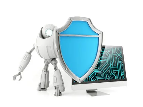 Robot holding shield protecting computer Stock Illustration