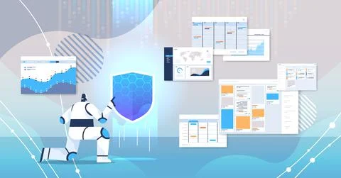 Robot holding shield web data security technology protection artificial イラスト素材
