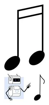 Robot Holding Sixteenth Note Overlapping Eighth Note in Minimalist Design Stock Illustration