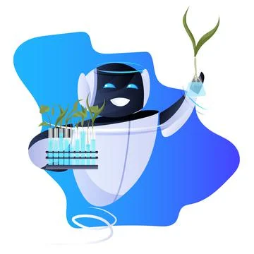 Robot holding test tubes with genetically modified plants scientific research Stock Illustration