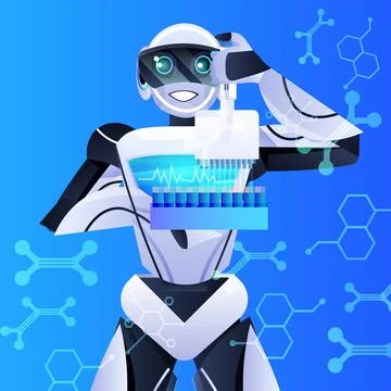 Robot holding test tubes with liquid robotic chemist making experiments in lab Stock Illustration