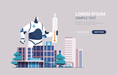 Robot holding thermometer robotic assistant providing healthcare medical center Ilustración de archivo