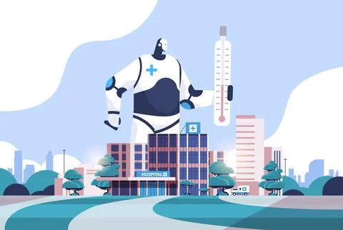 Robot holding thermometer robotic assistant providing healthcare medical center Ilustración de archivo