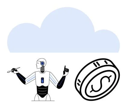 Robot holding tools with cloud and cryptocurrency coin. Ideal for AI, cloud c Illustrazione stock