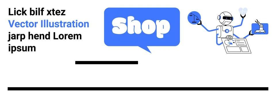 A robot holding various tools alongside the word Shop in a speech bubble. Ide Ilustración de archivo