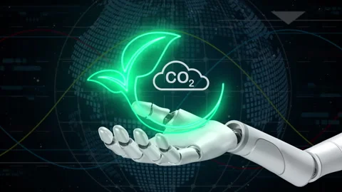 The Robot is holding visual CO2 icon on its hand, safe the environment concept. Video stock 266957631