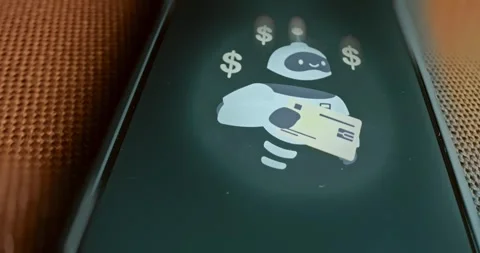Robot holds a bank card, presentation Stock Footage 313496296