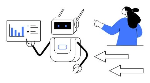 Robot holds data chart while a person points forward with arrows indicating m Illustrazione stock