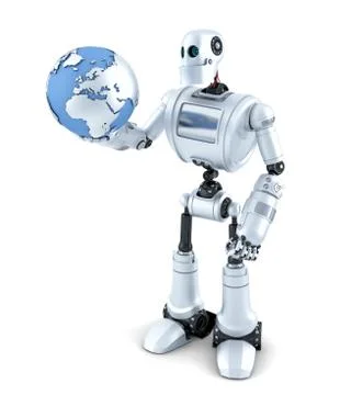 Robot holds earth globe. Technology concept. Isolated. Contains clipping path Stock Illustration