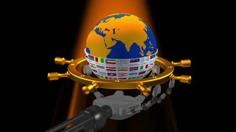The robot holds the globe, national flags, and a ship's steering wheel. Stock Footage 336010776