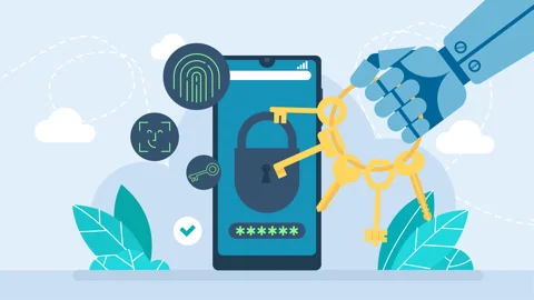 Robot holds the keys in his hand. Protect your personal data on your cell phone Stock Footage 260746393