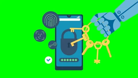 The robot holds keys in his hand. Data protection on mobile. Protect your data Stock Footage 275009853