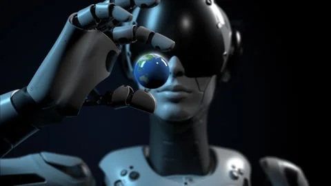 The robot holds a levitating globe in its hand Stock Footage 248495377