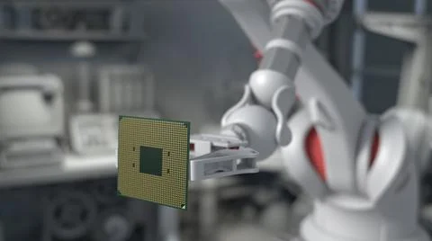 The robot holds a productive processor for a personal computer. Blurry gray b Foto stock