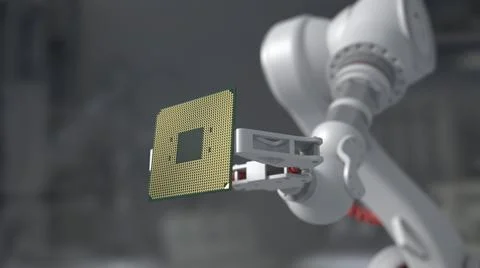The robot holds a productive processor for a personal computer. Blurry gray b 스톡 사진