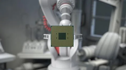 The robot holds a productive processor for a personal computer. Blurry gray b 스톡 사진