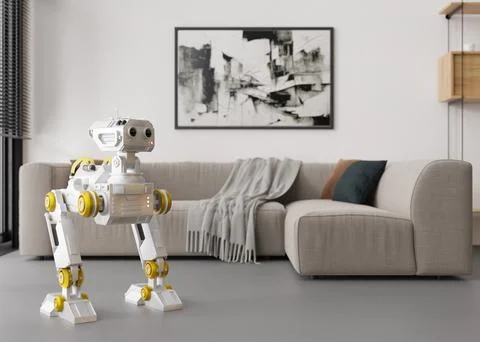 Robot at home. Artificial intelligence, digital technology. Robotics, sci-fi Illustrazione stock