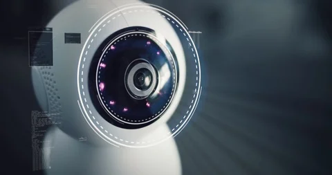 Robot home futuristic security camera scans the surroundings. Digital HUD Stock Footage 128981967