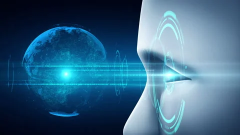Robot hominoid face close up with graphic concept of AI thinking brain Stock Footage 223565149