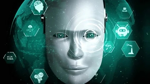 Robot hominoid face close up with graphic concept of AI thinking brain Stock Footage 229602299