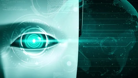 Robot hominoid face close up with graphic concept of big data analytic Stock Footage 230062791