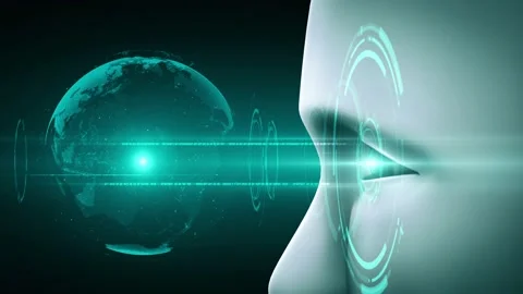 Robot hominoid face close up with graphic concept of AI thinking brain Stock Footage 232285419