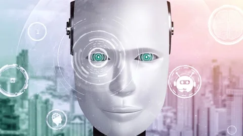 Robot hominoid face close up with graphic concept of AI thinking brain Stock Footage 232860737