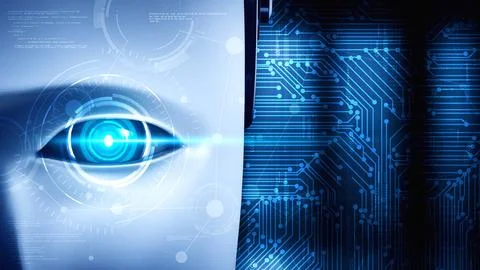 Robot hominoid face close up with graphic concept of big data analytic Illustrazione stock