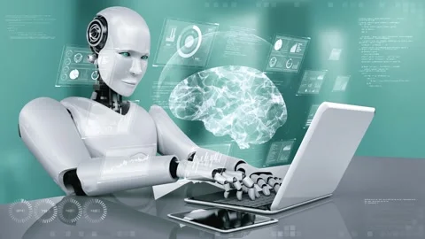Robot hominoid use laptop and sit at table in concept of AI thinking brain Stock Footage 225214965