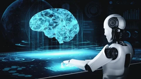 Robot hominoid use laptop and sit at table in concept of AI thinking brain Stock Footage 294468223