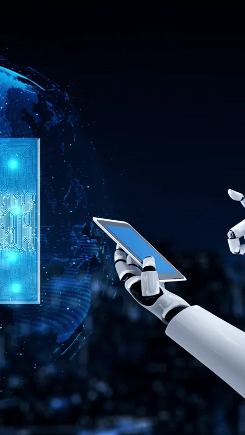 Robot hominoid use mobile phone or tablet in concept of AI thinking brain Stock Footage 294729796