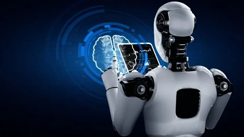 Robot hominoid using tablet computer in concept of AI thinking brain Stock Footage 220183016