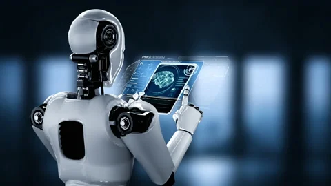 Robot hominoid using tablet computer in concept of AI thinking brain Stock Footage 221161954