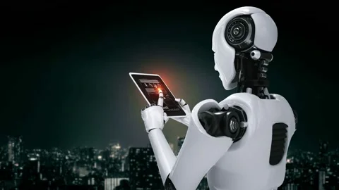 Robot hominoid using tablet computer in concept of AI thinking brain Stock Footage 232963647